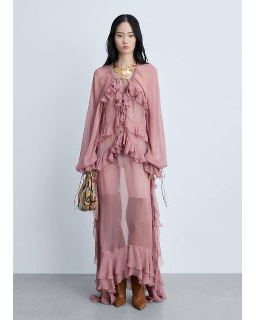 Mango Pink Sheer Chiffon Ruffle Maxi Dress