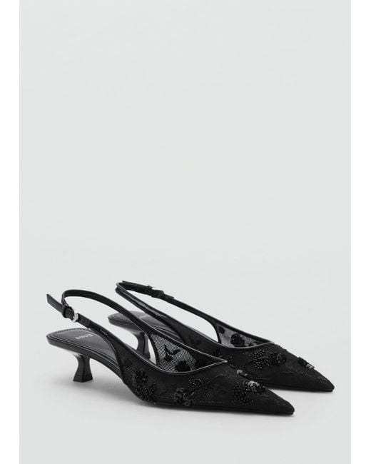 Mango Black Mesh Kitten-Heel Shoes With Sequin-Embroidery