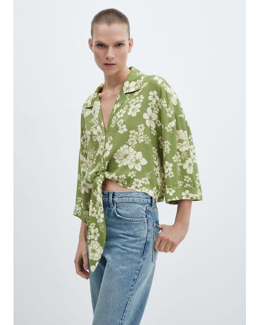 Mango Blue Floral-print Shirt With Knot Detail