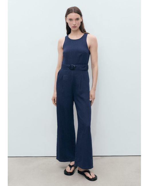 Mango Blue Flowy Denim Jumpsuit With Belt