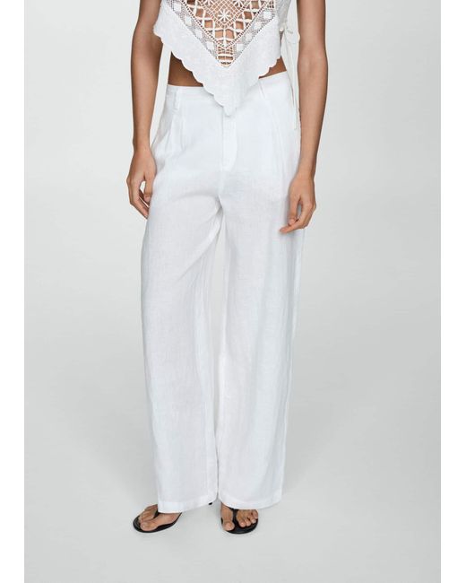 Mango White 100% Linen Trousers With Darts