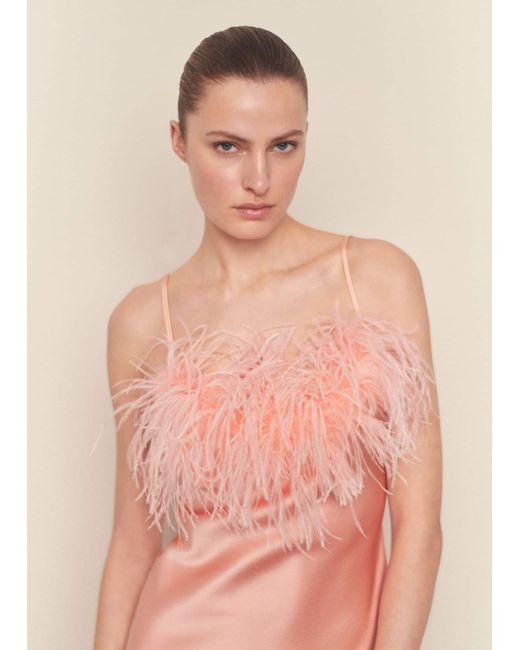 Mango Natural Satin Dress With Feather Detail Pastel