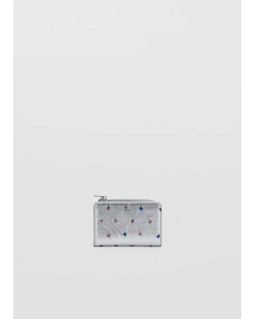 Mango White Metallic-Effect Floral Print Wallet
