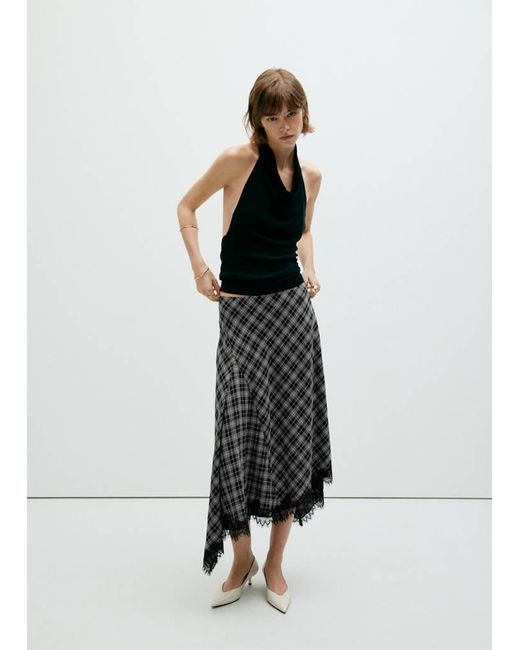 Mango White Fluid Midi Checked Skirt