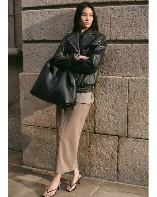 Mango Green Oversized Leather Jacket With Lapels