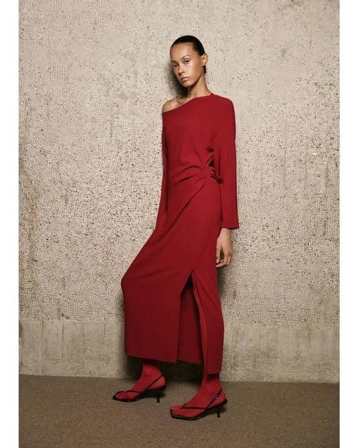 Mango Red Boat-Neck Ruched Dress