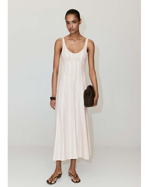 Mango Natural Linen Dress With Combined Stripes