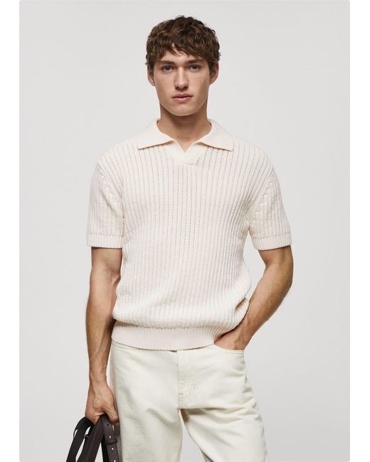 Mango White Openwork Cotton Knitte Polo Shirt Off for men