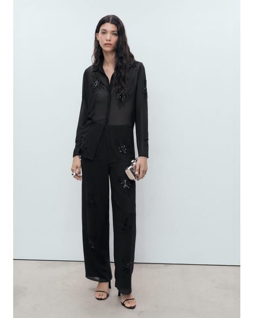 Mango Black Semi-Transparent Shirt With Rhinestone Embroidery