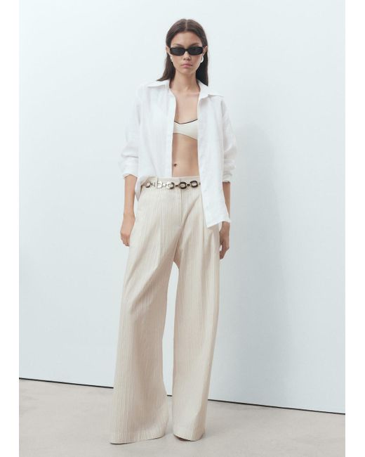 Mango White Wide-Leg Striped Trousers