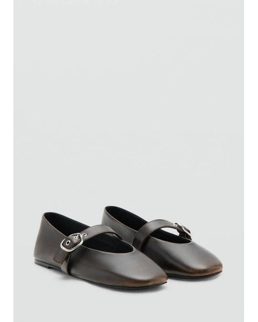 Mango Black Leather Ballerina Flats With Buckle