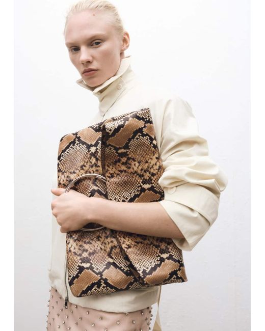 Mango Gray Animal-Print Leather Bag With Metal Handle