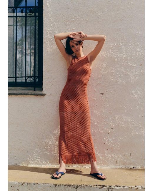 MANGO TEEN Brown Crochet Dress With Fringes