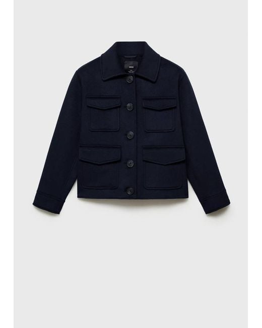 Mango Blue Wool Jacket With Pockets