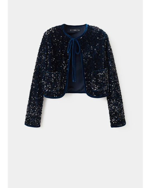 Mango Blue Velvet Jacket With Sequins And Bow
