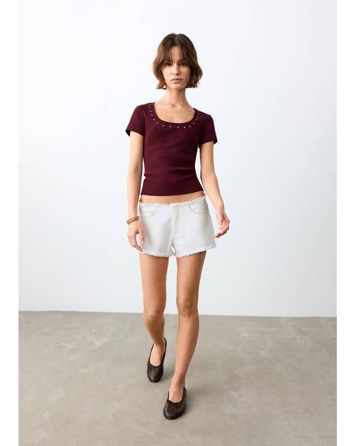 MANGO TEEN Red Frayed Denim Shorts