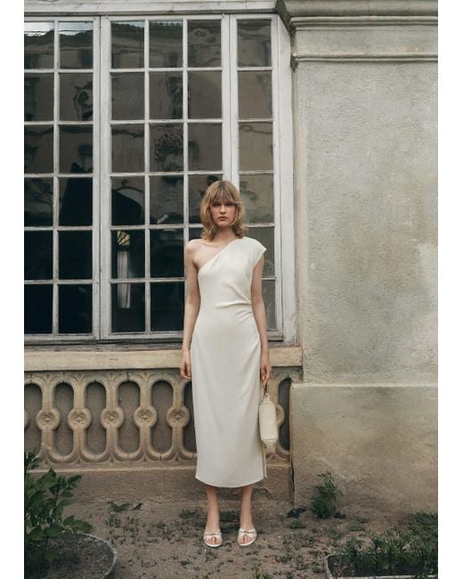 Mango White Asymmetrical Pleated Dress