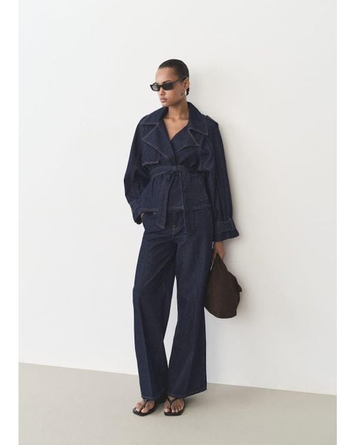 Mango Blue Short Denim Trench Coat With Belt