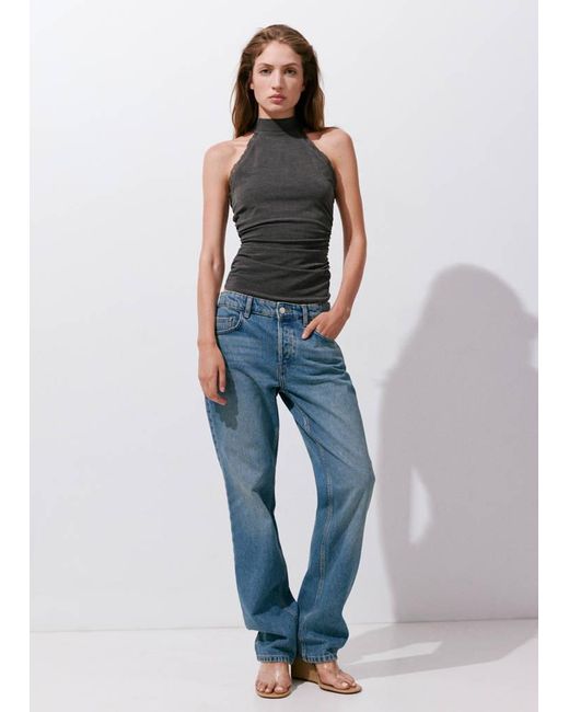 Mango Blue High Neck Top With Lace Details