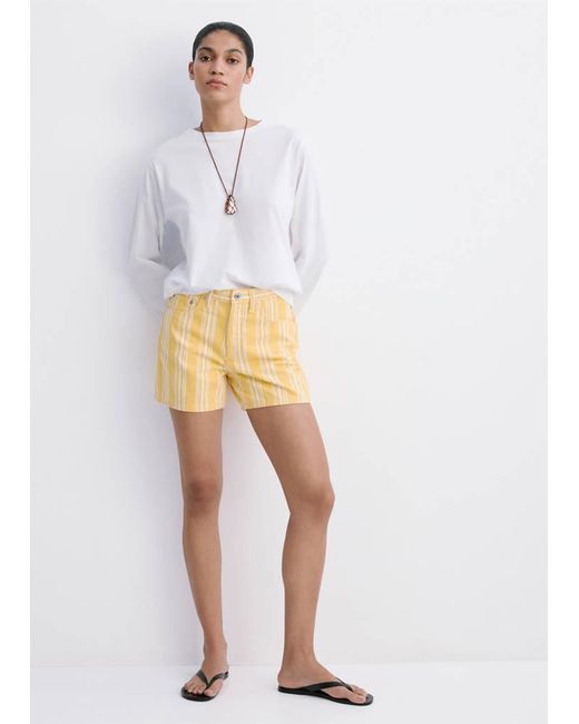 Mango White Striped Straight-Fit Shorts