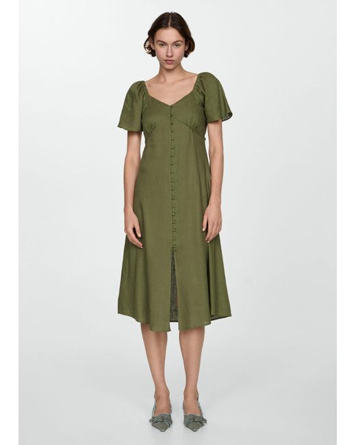 Mango Green Buttoned Linen-blend Dress