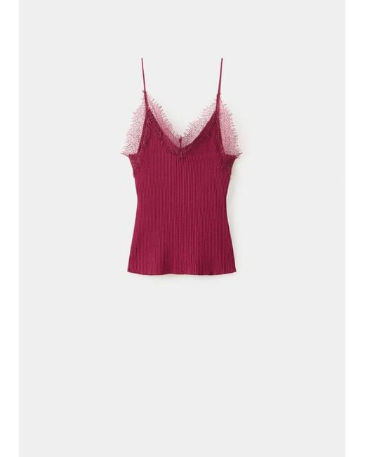Mango Red Ribbed Lace Top