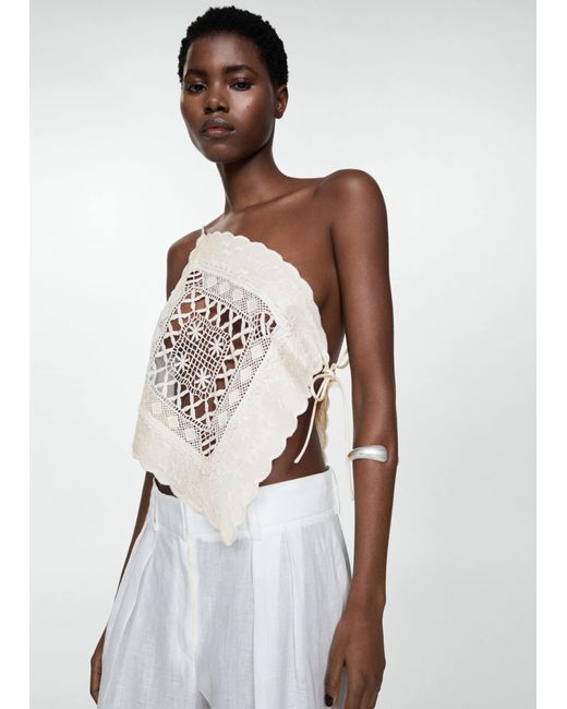 Mango White Asymmetrical Top With Embroidered Panel Off