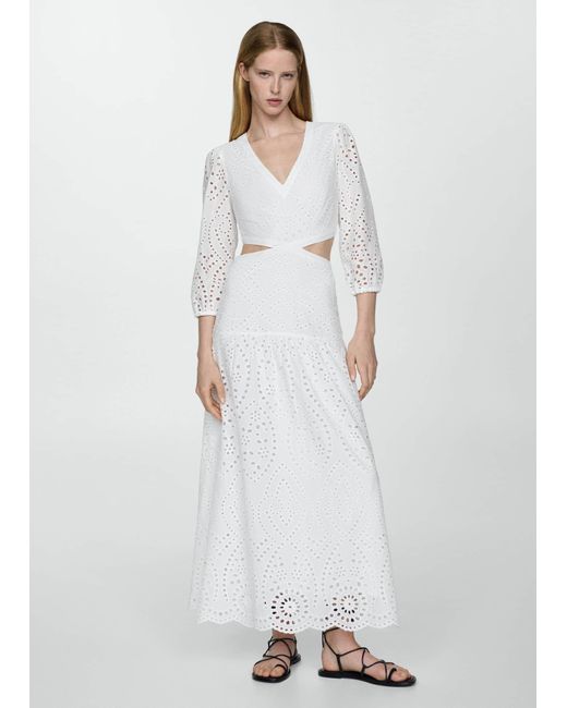 Mango White Embroidered Dress With Slits