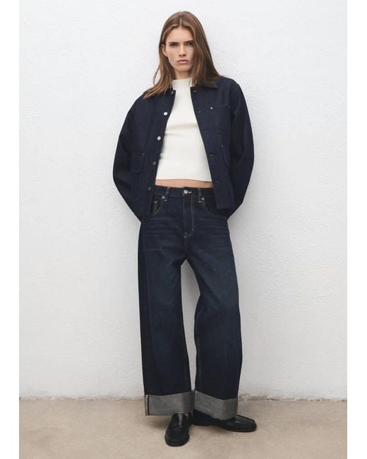 Mango Blue Denim Jacket With Faux-Leather Collar