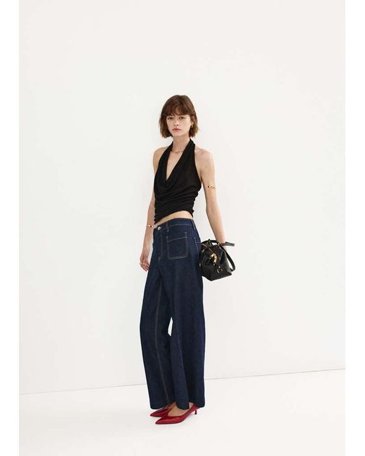 Mango Blue Wide-Leg Patch Pocket Jeans