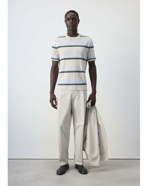 Mango Gray Cotton Blend Striped T-Shirt for men