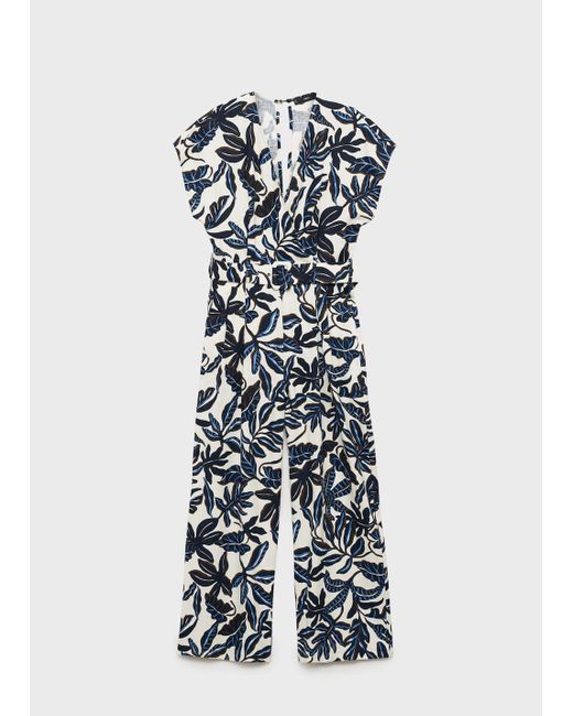 Mango White Printed Linen Jumpsuit With Belt