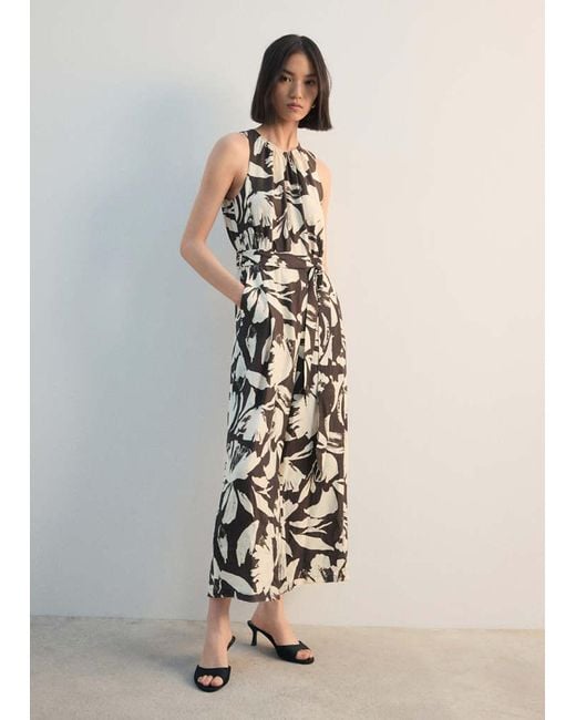 Mango White Printed Cropped Jumpsuit With Belt