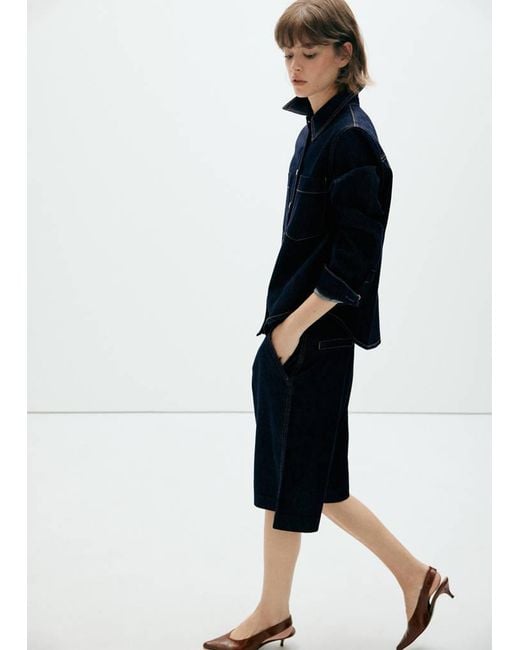 Mango Blue Straight Fit Pleat Bermuda Shorts