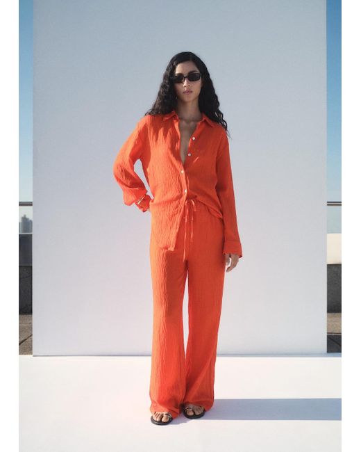 Mango Red Straight-Leg Crinkled-Effect Trousers