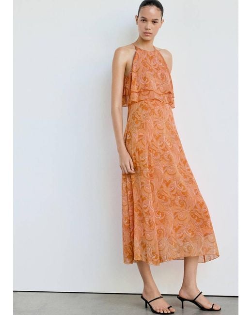 Mango Orange Paisley Dress With Ruffles
