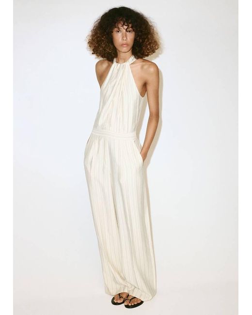 Mango White Striped Halter-Neck Jumpsuit