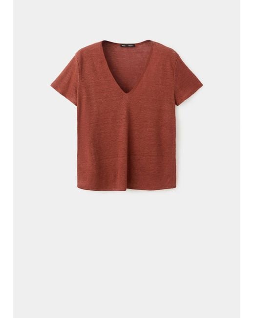 Mango Red V-Neck Linen T-Shirt