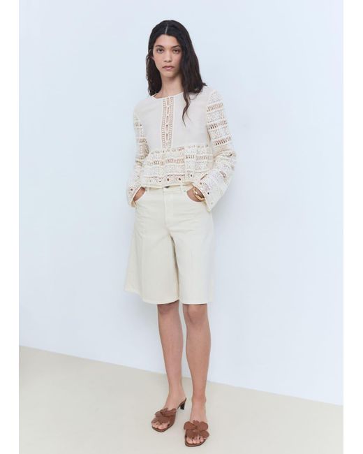 Mango White Embroidered Cotton Blouse With Openwork Details