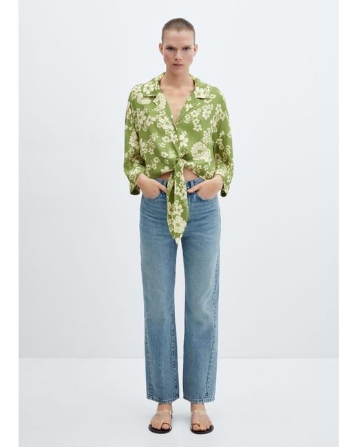 Mango Blue Floral-print Shirt With Knot Detail