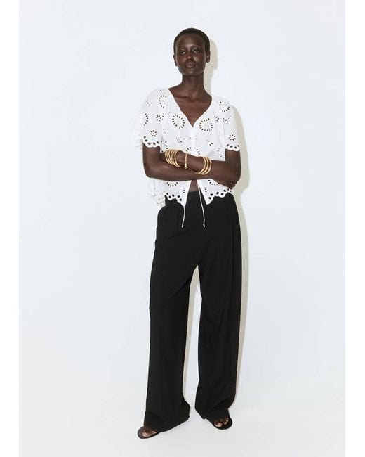Mango White 100% Cotton Blouse With Broderie Anglaise Embroidery