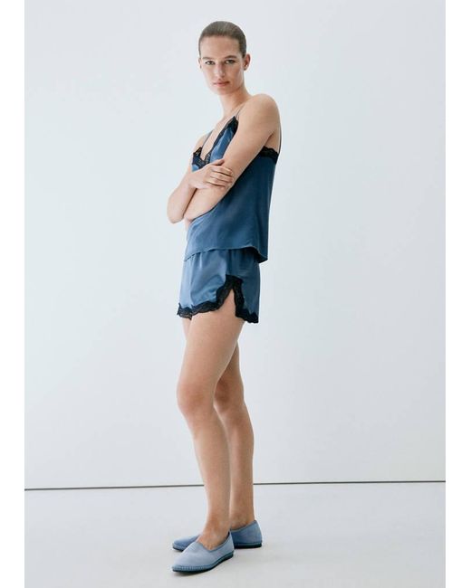 Mango Blue Silk Top With Contrasting Lace
