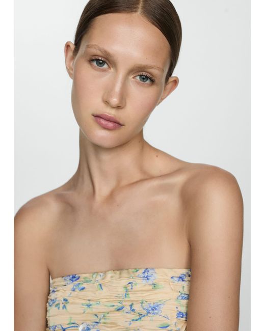 Mango Blue Ruched Strapless Top