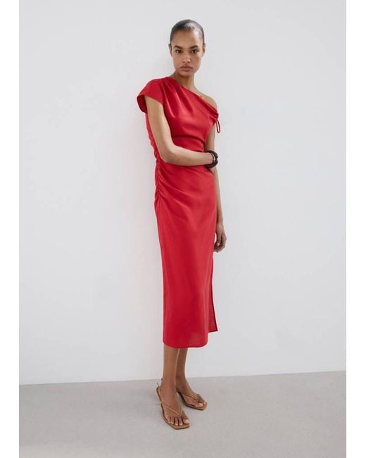 Mango Red Asymmetric Side Ruched Dress