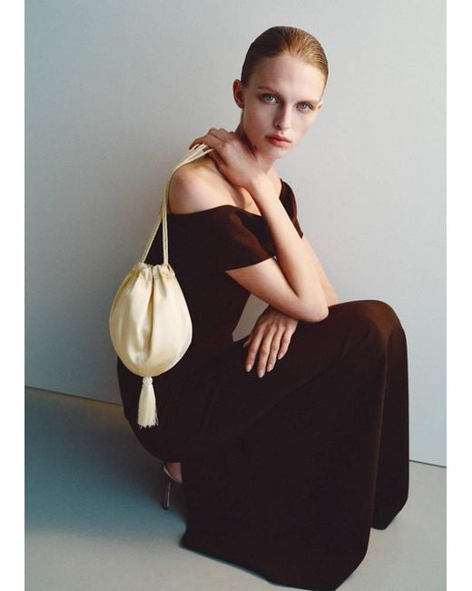 Mango Natural Satin Clutch Bag With Tassels