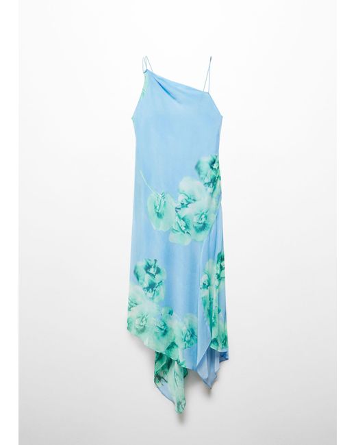 Mango Blue Asymmetrical Floral Dress Sky
