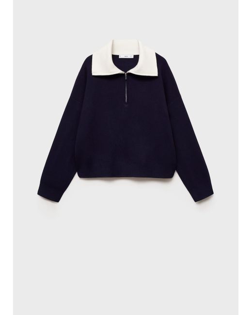 Mango Blue Knitted Sweater With Contrasting Collar