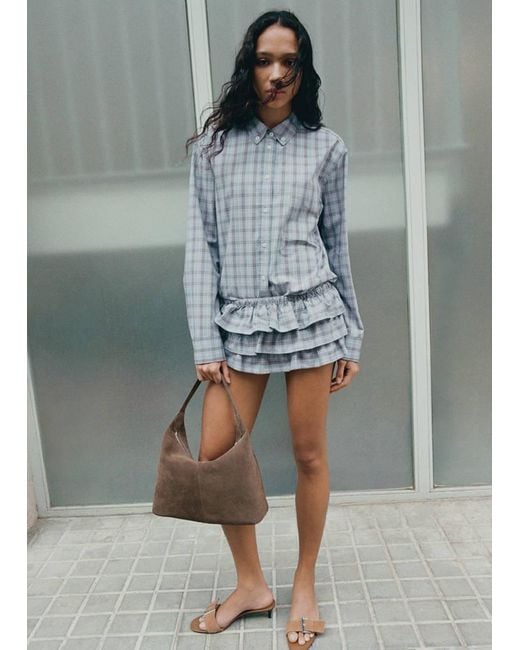 Mango Gray Ruffled Checked Mini Shorts