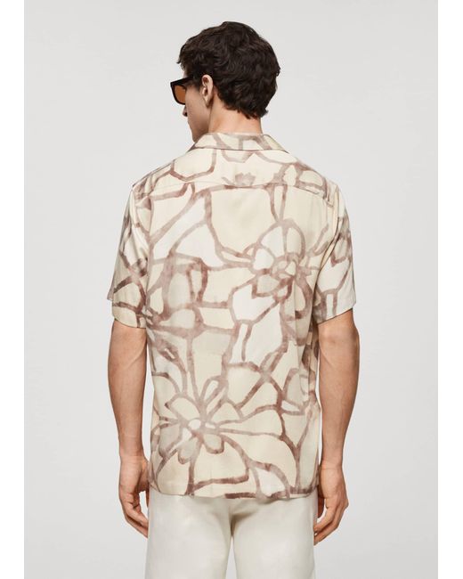 Mango White Printed Flowing Shirt With Bowling Collar for men
