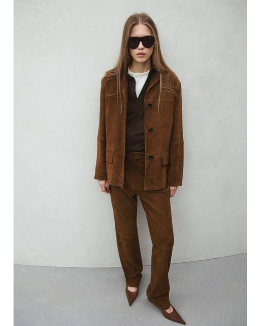 Mango Brown Straight Blazer With Front Stitching